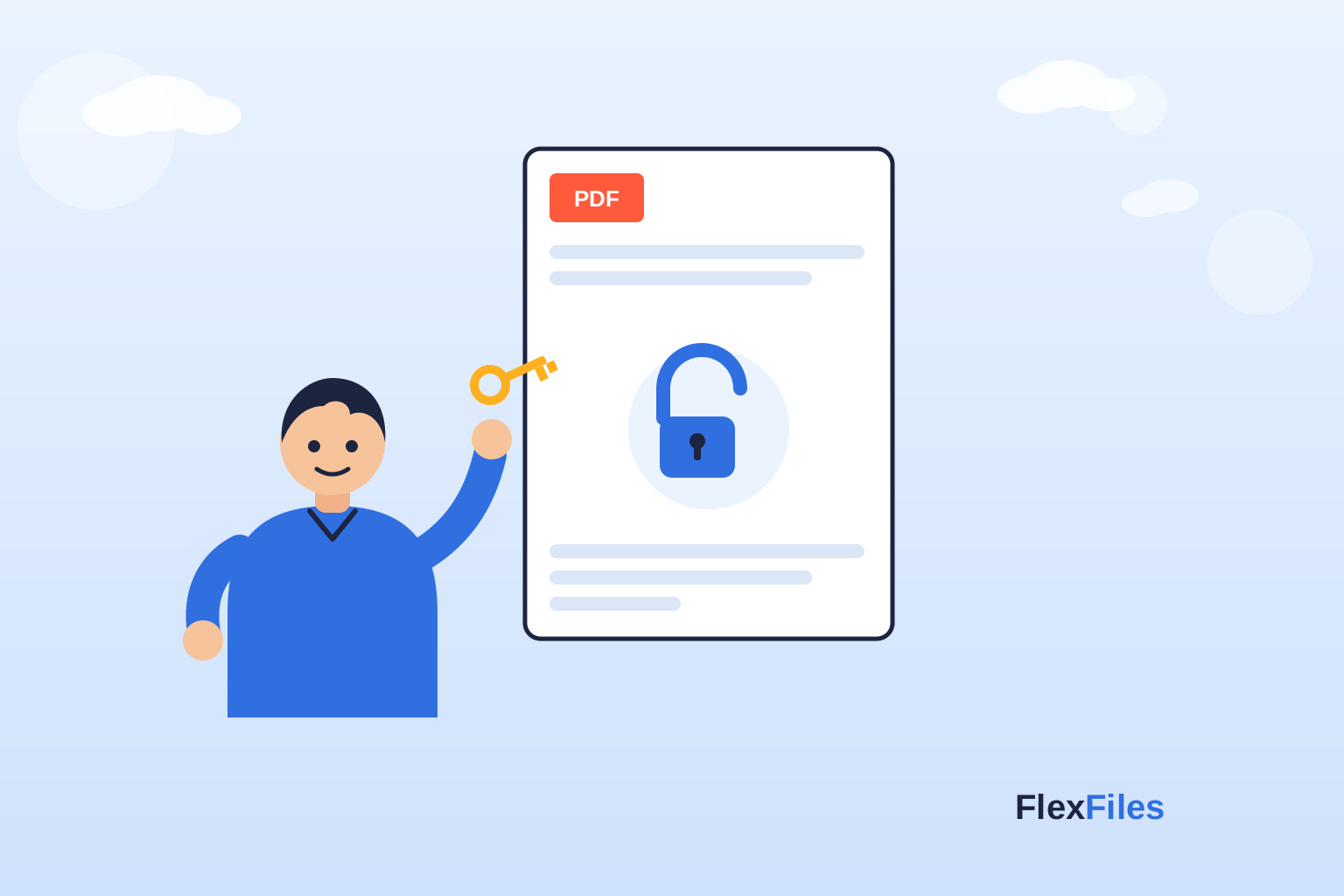 Illustration of unlocking a PDF with a key, removing password protection
